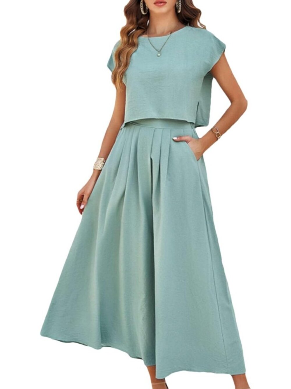Women's Green Casual 2 Piece Outfits Crop Tops Cap Sleeve Waisted Maxi Dresses